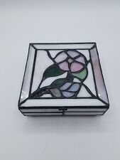 Vintage Slag Stained Glass Leaded Jewelry Trinket Box w/Hinged Lid Rose Flower