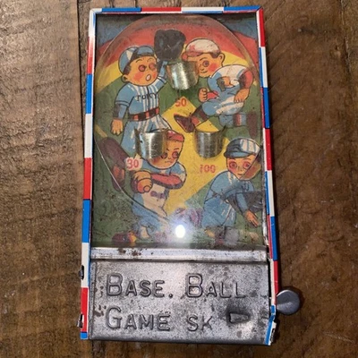Vintage 1950s Japanese Hand Held Miniature Baseball Tin Pinball Game Works Rare - Image 1 of 4