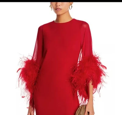 $895 Alice and Olivia Women’s Izola Ostrich Feather Cuff Mini Red Dress - Image 1 of 4