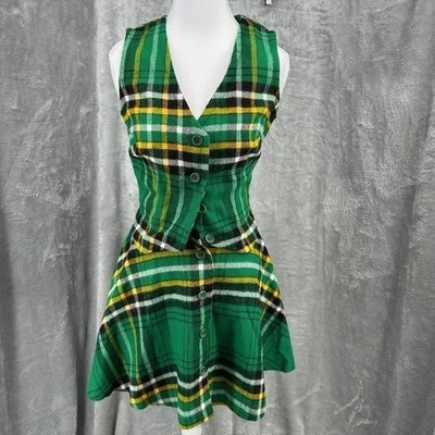 Vintage Jantzen Green Plaid Skirt Vest Set Yellow Black White Juniors Size 7 - Image 1 of 4