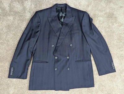 Aquascutum Double Breasted Suit Jacket 42S Navy Wool Pinstriped Made In England - Image 1 of 4