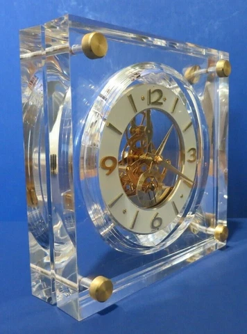 c. 1980 Seiko VINTAGE ~ Gold Brass & Lucite ~ 7" Skeleton Mantel Clock ❅WORKS❅ Cover
