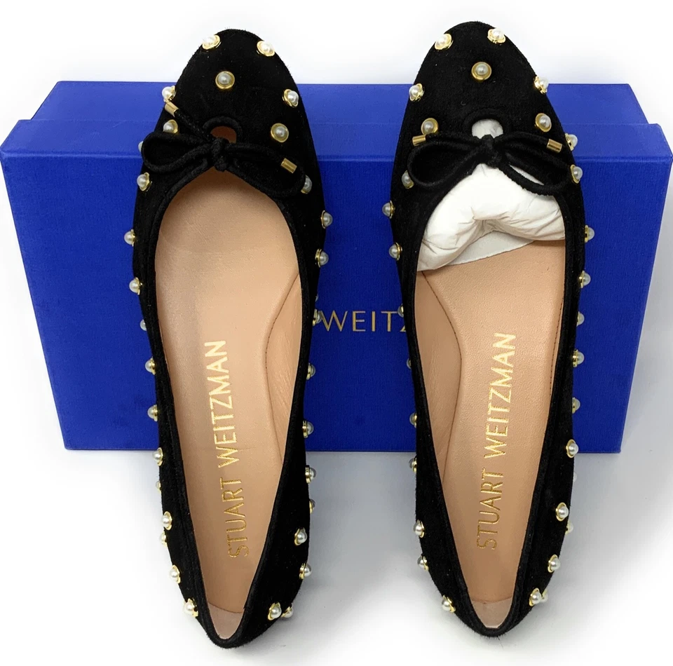 Stuart Weitzman Shoes Gabby Pearly Suede Bow Flats in Black Size 7 $450 NIB - Image 1 of 3
