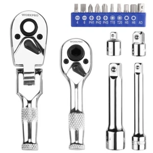 WORKPRO Flex Head Stubby Ratchet Bit Driver Set 16PC 1/4" 3/8" Dr Ratchet Handle - Picture 1 of 13