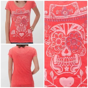 Y2k Affliction t Shirt M Velvet Stone Orange Cowboy Skull Bling New Burn out USA - Picture 1 of 7