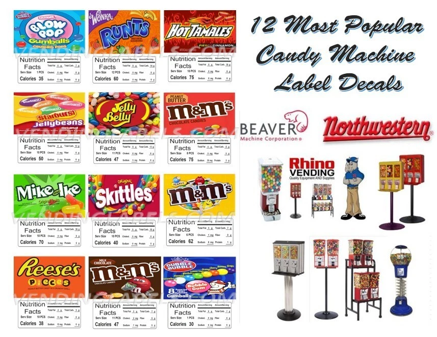 12 PRODUCT VENDING MACHINE CANDY NUTRITION STICKERS LABELS QUICK & FREE  Ship - Image 1 of 2