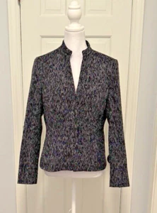 Ann Klein Tweed Black/Blue/White 4 Hidden Hook&Eye Closure Short Blazer Sz 12P - Picture 1 of 18