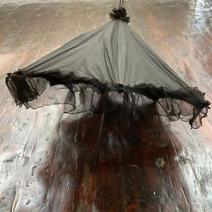 Antique Victorian Black Chiffon Mesh Mourning Parasol with Wooden Shaft Handle - Picture 1 of 16