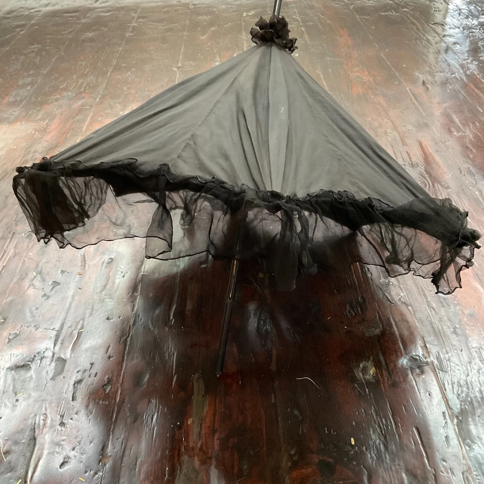 Antique Victorian Black Chiffon Mesh Mourning Parasol with Wooden Shaft Handle - Image 1 of 4