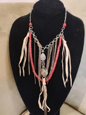 Lucky Brand красный серебряный коралл кожи Southwest бусина мульти цепочка многослойное ожерелье - Изображение 1 из 4