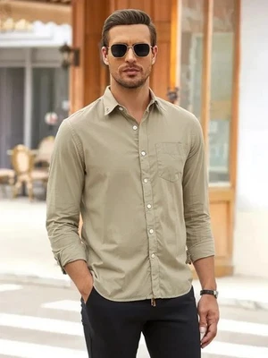 Camisa Antigua Azul Marino Para Hombres L Delgada 44x28 32" SLV Beige Algodón/Poliéster Abotonada LS Pokt NUEVA Foto 1 de 4