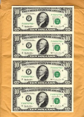 Hoja sin cortar de 4 billetes de la Reserva Federal de 1995 de $10 estrellas (reemplazo) en OGP Foto 1 de 4