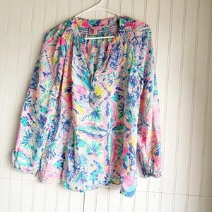 Lilly Pulitzer Size M 100% Silk Elsa Top on Dancing On Deck Print - Picture 1 of 8