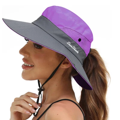 Sombrero para mujer con protección UV - Ala ancha estilo cubo con agujero de cola de caballo (UPF 50+) Foto 1 de 4