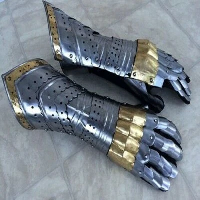 Gauntlet Gloves Armor Pair w Brass Accents - Medieval Knight Crusader - Steel - Image 1 of 4