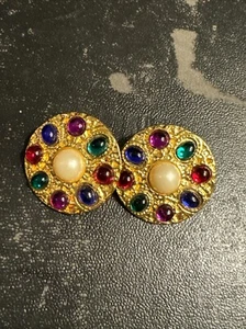 Clip On Multi Color Cabochon Gold Tone Earrings - Picture 1 of 4