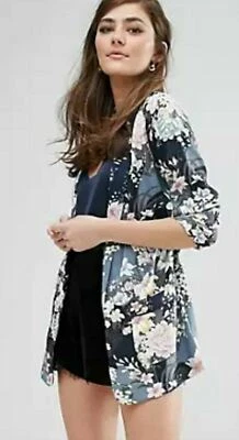 OASIS Lotus Floral Grey White Pink Belted Pockets Turn ups Soft Blazer Jacket 12 - Image 1 of 4