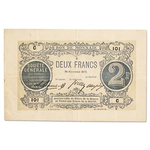 France - billet 2 francs 1871 - Société Générale Paris - TTB+ - JER.75.02B - Imagen 1 de 2