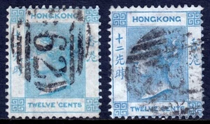 HONG KONG — SCOTT 15a,15b (SG 12,12b) — 1865 12c QV SHADES — USED — SCV $51.50 - Imagen 1 de 2