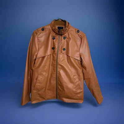 Vtg Jacket Sz S Brown Orange Vinyl Faux Leather Hipster Funky Buttons Buckle - Image 1 of 4