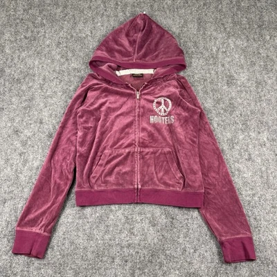 Y2K Hooters Sudadera con Capucha Mujer L Borgoña Terciopelo Paz Signo Cremallera Chaqueta Foto 1 de 4