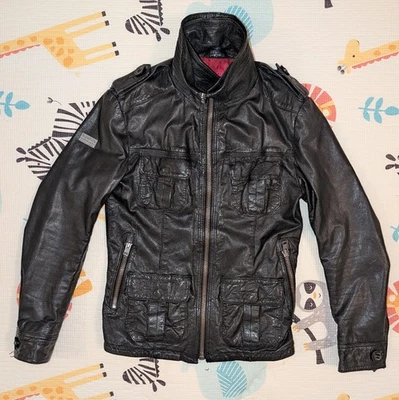 Superdry Leather Jacket Men's Small Black Casual Motorcycle High Neck Full Zip - Image 1 of 4