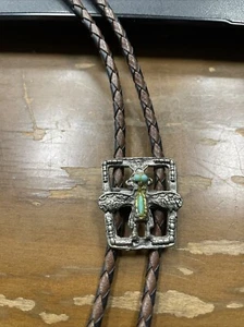 Horned Owl Kachina Bolo Tie Southwest Faux Silver & Turquoise Bronc 2113 - Picture 1 of 8