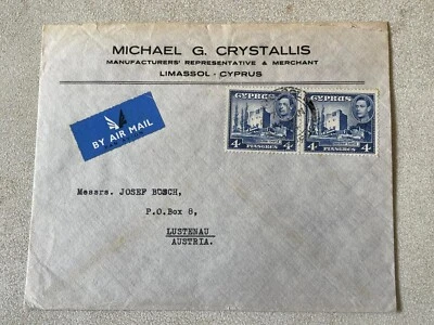 Cyprus Stamped 4 Piastres Air Mail Letter Michael Crystallis Manufacturers KGVI - Image 1 of 2
