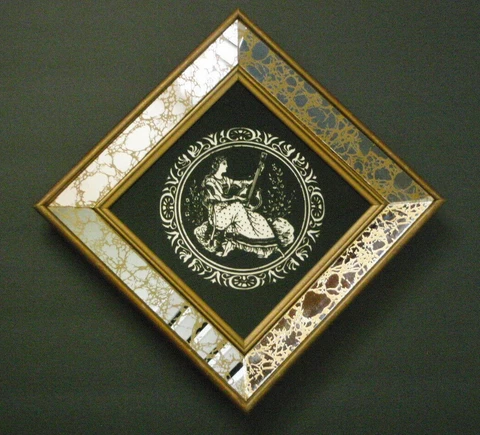 SALE! VTG Mid-Century Gilded Gold Marbled Mirror LADY LUTE Black Wall MCM Cover