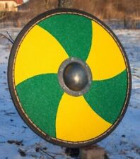 Viking Wood Yellow / Green Designer Round Decorative Arm Leather Steel Shield