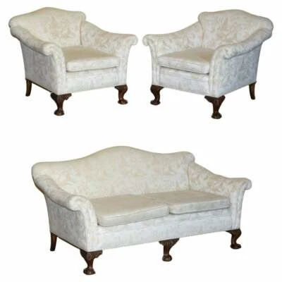 ANTIQUE VICTORIAN SOFA & ARMCHAIR SUITE CHINOISERIE UPHOLSTERY CLAW & BALL FEET - Image 1 of 4