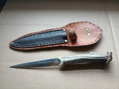 Vintage Antler Handle Knife Dagger Dirk Pig Sticker w/ Button on Pommel & Sheath - Imagem 1 de 4