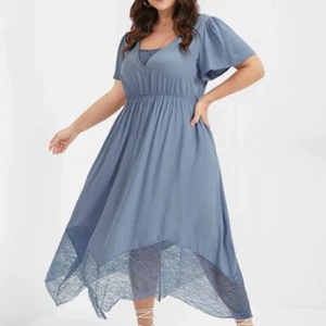 BloomChic Dress Womens Plus 12 Blue Short Sleeve V Neck Pockets A Line Lace Trim - Picture 1 of 20