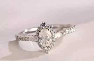 2Ct Oval Cut Real Moissanite Women Halo Engagement Ring 14K White Gold Plated - Picture 1 of 8