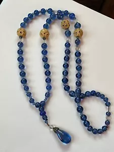 Vintage Long Blue & Clear Round Glass w Unique Cream Hollow Carved Bead w Drop - Picture 1 of 10