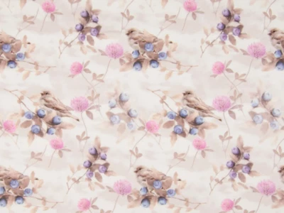 Jersey Stoff 100x150 BIG STÜCK Vögel nähen Kleiderstoffe Baumwolle Beeren Sommer - Bild 1 von 3