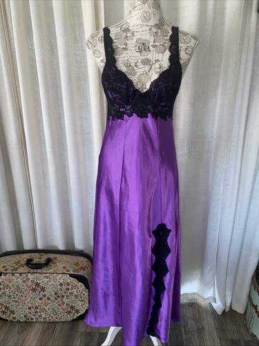 UNDERCOVER Abito lungo slip donna Victorias Secret viola raso nero pizzo taglia S