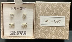 Juego de pendientes Lake + gris plata esterlina circonita cúbica corazones arcos nuevo - Imagen 1 de 3