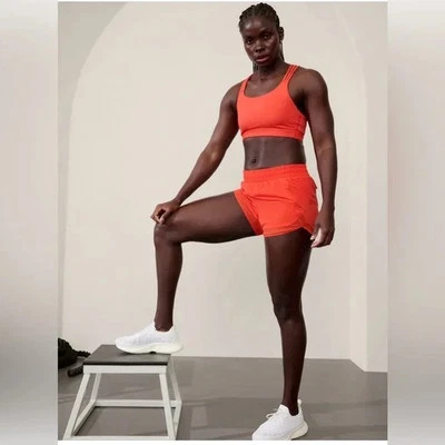 NUEVO Athleta Mesh Racer Run 4" Corto M Talla Mediana Naranja Amapola Foto 1 de 4
