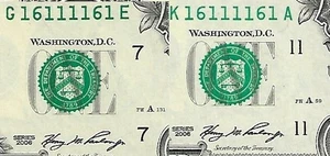 (2) MATCHING $1 2006 - FANCY S/N - 2-Digit RADAR Note - 16111161 - ChCU - Picture 1 of 3