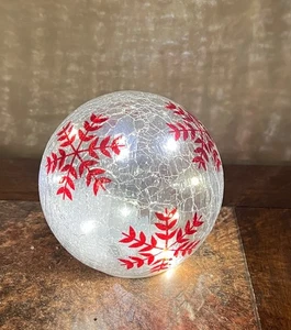 Hand-Painted Red Snowflake LED Crackle Glass Sphere Decoration 5.5” - Picture 1 of 5