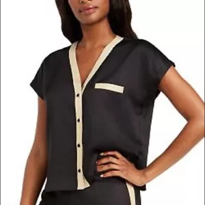 INC International Concepts Womens Pajama Top Black Satin Gold Trim NWT - Picture 1 of 9