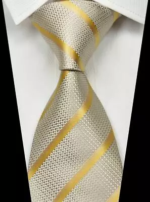 New Classic Striped Beige Gold 100% Silk Men's Necktie Neck Tie 3.15''(8CM) - Image 1 of 2