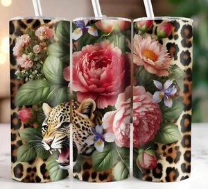 Leopard und Blumen 20 Unzen Edelstahl Becher Handarbeit - Bild 1 von 1