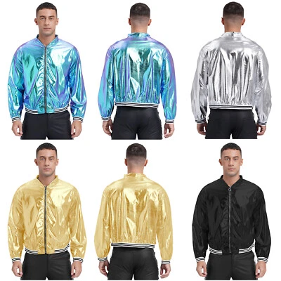 Men Outerwear Hip Hop Jacket Zipper Coat Short Clubwear Shiny Tops Adult Party - Image 1 of 3