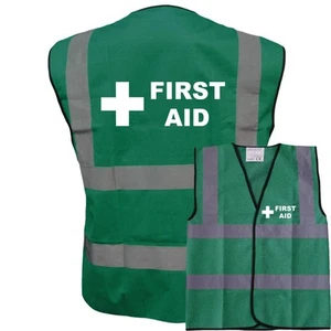 PRINTED FIRST AID HIGH VISIBILITY GREEN VEST HI VIS VIZ SAFETY WAISTCOAT MEDIC - Picture 1 of 8