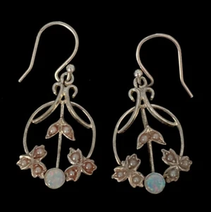 Antique Art Nouveau Sterling Silver Opal and Seed Pearl Leaf Drop Earrings - Picture 1 of 3
