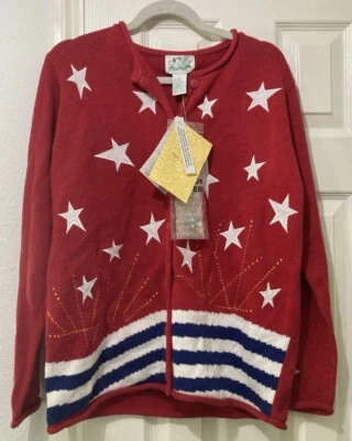 Quacker Factory Button Down Cardigan Sweater Size Small Patriotic Stars Stripes - Image 1 of 4
