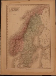 1856 Black's Sweden & Norway map 17.2" x 12.6" - beautiful antique with color - Picture 1 of 4