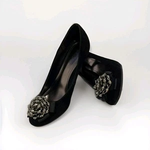 Bamboo Heels Shoes Pumps Size 8 Black Synthetic Suede Floral Theme - Almond Toe - Picture 1 of 5